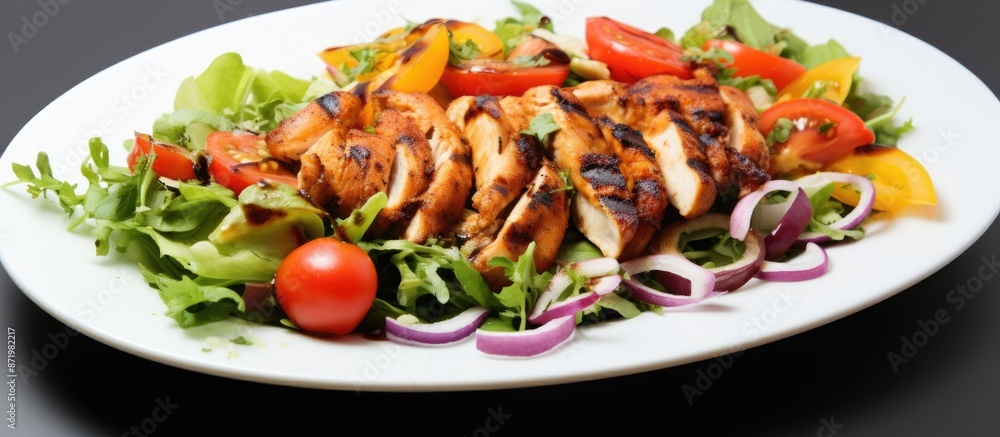 Poster an appetizing salad with diverse colors and grilled chicken crowns a white plate with ample copy spa