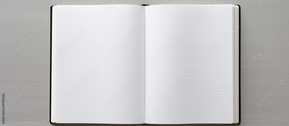 Poster top view of an open blank notebook on a grey background, ideal as a mockup for design with copy spac