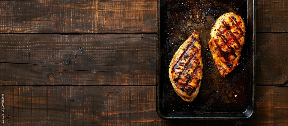 Poster a view from above of a grilled chicken breast presented on a sleek black tray with ample copy space 