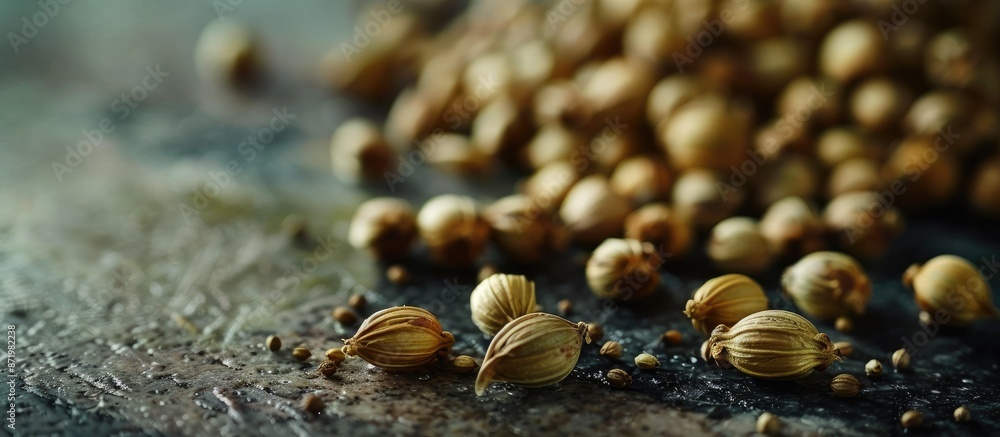 Aufkleber A few coriander seeds arranged on the table with empty space for text or image.