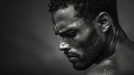 A man with a beard and sweat on his face