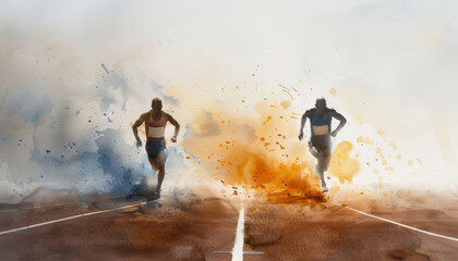 Two watercolor athletes sprinting on a track, with colorful paint splashes in the background, symbolizing speed, determination, and competition.