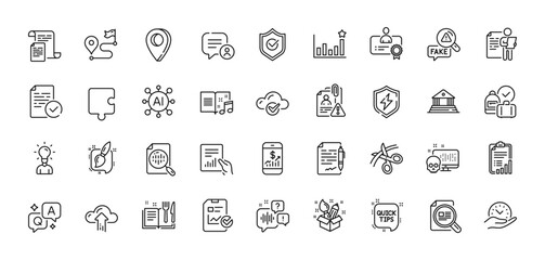 Mobile finance, Certificate and Recipe book line icons pack. AI, Question and Answer, Map pin icons. Court building, Fake news, Check article web icon. Vector