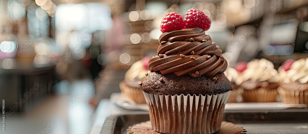 Poster A delectable cupcake with chocolate frosting and raspberry topping displayed on a tray in a bakery, with a blank space for adding images.