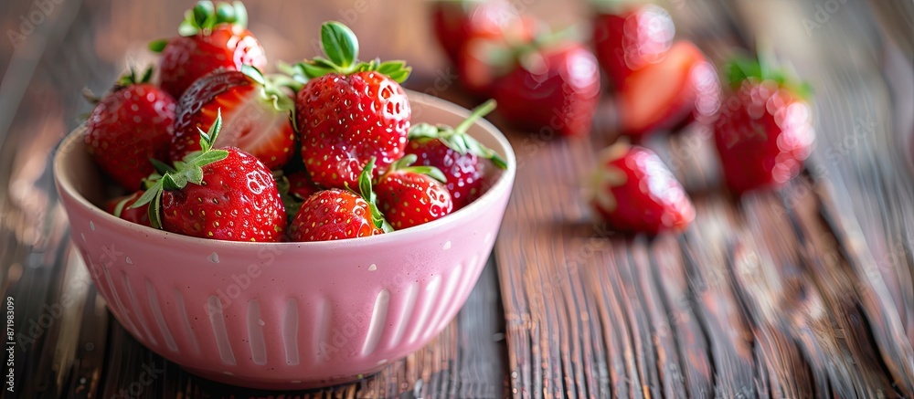 Aufkleber Selective focus is applied to a pink bowl brimming with fresh strawberries placed on a wooden table, creating a visually appealing copy space image.