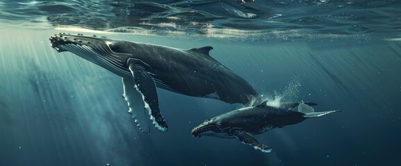 Fototapeta premium Humpback Whale Calf Photobombing Its Mother, Tail Slapping The Water,High Resolution, Ultra HD