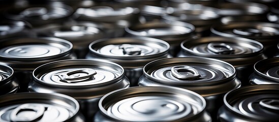 Freshly made gleaming aluminum cans for production and storage in a warehouse with copy space image.