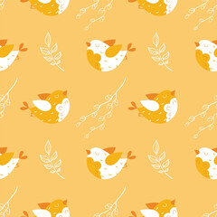 Seamless vector pattern with birds and branches traditional symbols of spring. Cute hand drawn Easter theme background for wrapping paper, packaging, gift, fabric, wallpaper, textile, apparel.