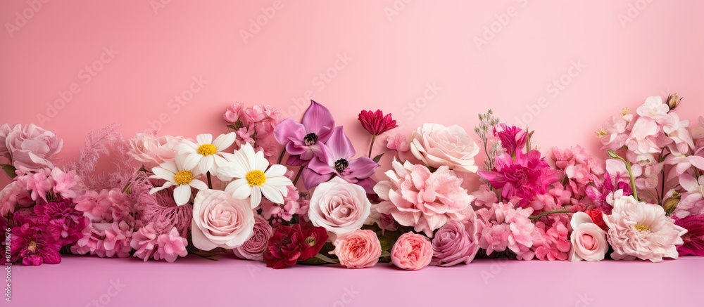 Poster Various beautiful flowers displayed on a pink backdrop in a flat lay composition with an available copy space image.