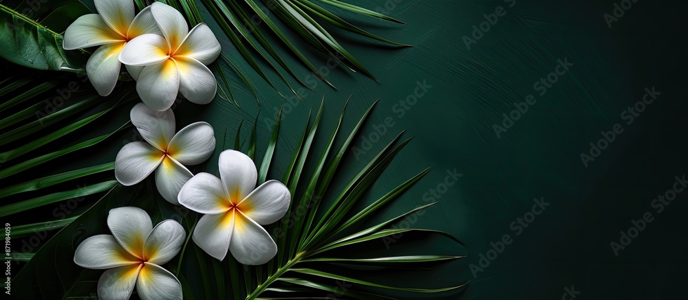 Poster dark green background with a palm leaf and plumeria frangipani flower from a top view for copy space