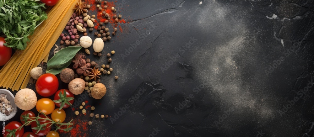 Aufkleber Stone background with pasta and ingredients creating a visually appealing copy space image.