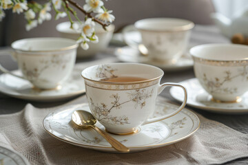 Fototapeta premium Delicate teacups saucers and spoons ready for elegant afternoon tea