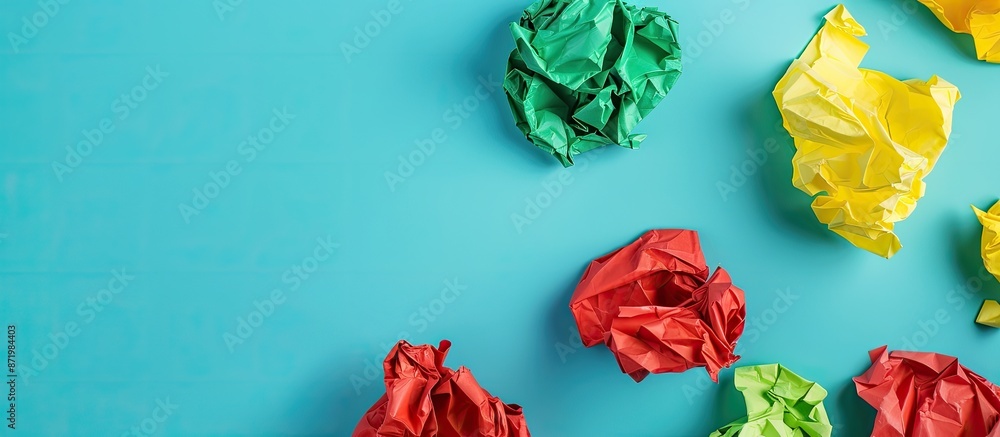 Poster a vibrant assortment of crumpled papers in green, yellow, and red hues on a soft pastel blue backdro