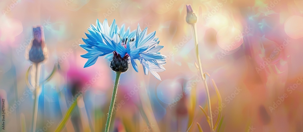 Poster A single cornflower (Centaurea Cyanus) blooming in a meadow with pastel hues, set in a horizontal layout against a large backdrop for copy space image.