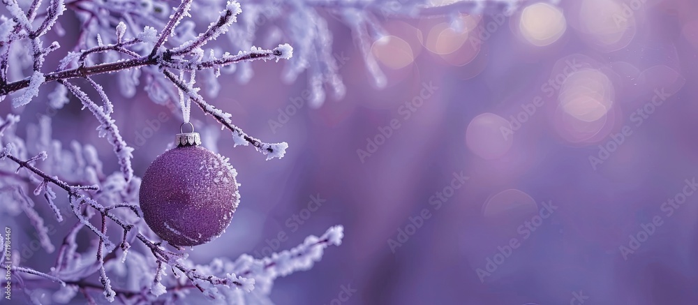 Aufkleber frost-covered branches adorned with a christmas bauble over a violet background, conveying a festive