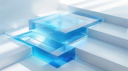 Isometric flooring, minimalist design style, blue frosted glass white acrylic material, white background, transparent technology sense, in the style of data visualization. Generative AI.