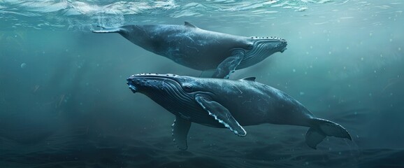 Fototapeta premium Humpback Whale Mother And Calf Playfully Gliding Along The Water'S Surface,High Resolution, Ultra HD