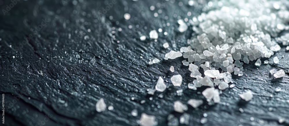 Poster sea salt grains sprinkled on a dark surface with ample copy space image.