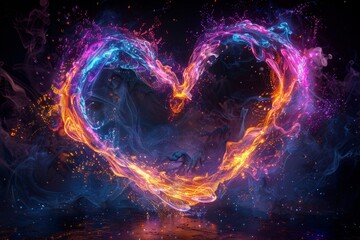 Glowing Neon Heart with Light Particles in a Digital Art Style
