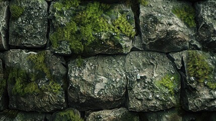 Close-up of an anime stone texture, detailed with moss and weathering, offering a textured backdrop for mystical and historical themes