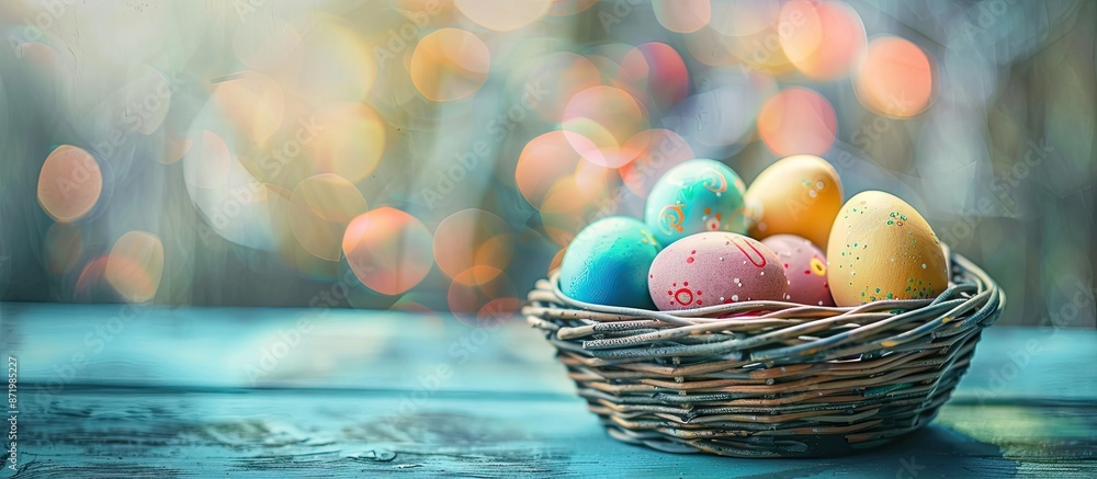 Poster colorful easter eggs arranged in a basket on a blue wooden backdrop with selective focus, creating a