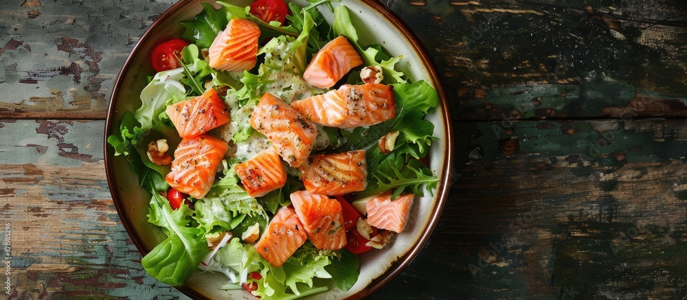 Poster Overhead view of a Caesar Salad topped with salmon on a fish-themed menu, emphasizing seafood, particularly salmon, with ample copy space in the image.