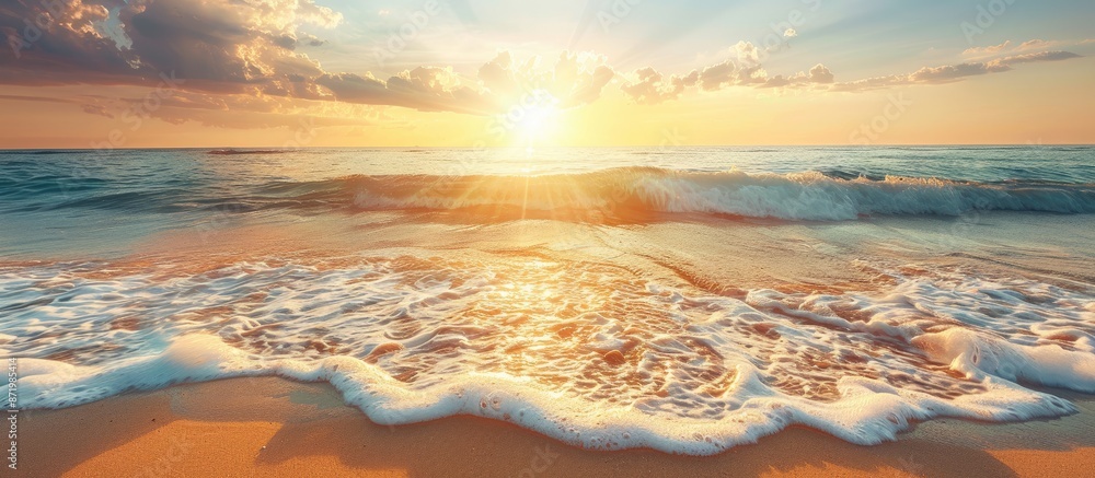 Poster sunset or dawn at the beach with waves over hot sand offers a serene summer backdrop with room for t