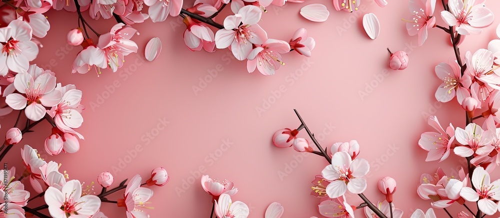Poster Top view of blooming cherry tree flowers on a millennial pink background, with a frame pattern and copy space image, in minimal style for design or text.