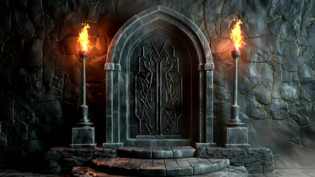 Ancient Stone Doorway with Flaming Torches video animation background Seamless looping time-lapse 4k quality