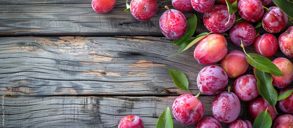 Aufkleber abundance of copy space enhances the visual appeal of fresh pink plums with leaves on an aged wooden