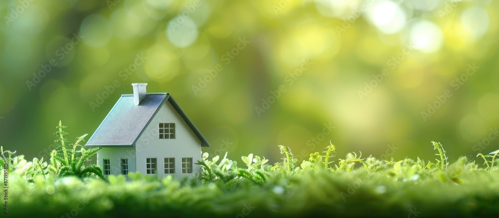Poster housing model with a blurred green background offers a copy space image.