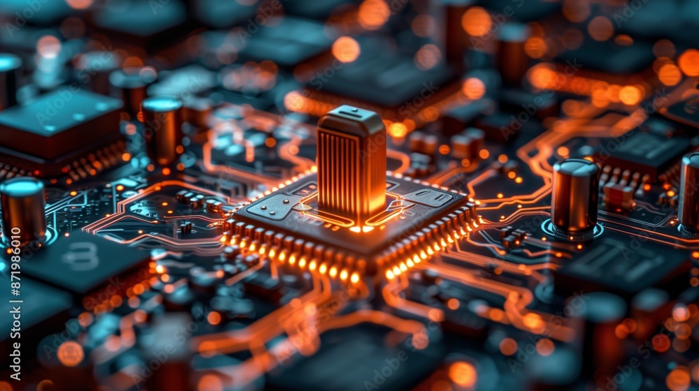 Poster A close-up of a circuit board with a processor glowing brightly, surrounded by other components and intricate wiring.