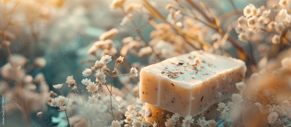 Poster handmade soap resting on a background of dried flowers provides a serene ambiance with a beautiful c