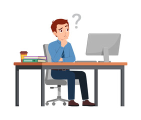 man employee sit think in desk working on office with computer and question mark