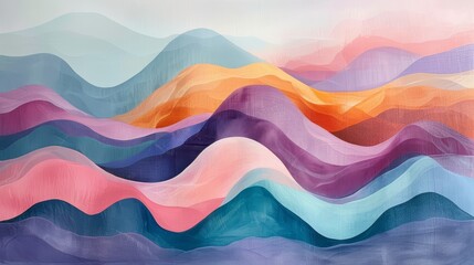 Obraz premium Abstract painting of colorful, wavy mountains in shades of blue, purple, pink, and orange.