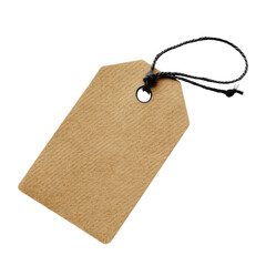 Brown blank tag with a black string for labels or gift wrapping, isolated on a white background, perfect for product branding or price tags. transparent background.