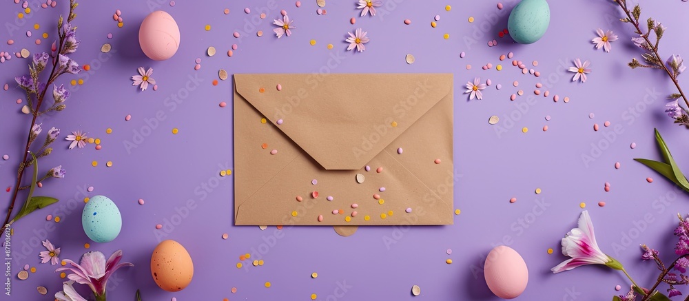 Poster purple background with easter decor - a kraft envelope surrounded by eggs, ideal for an easter-theme