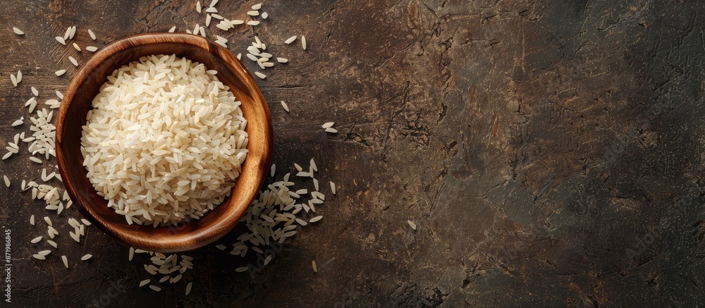 Poster Raw rice in a wooden bowl, a nutritious choice with a copy space image.