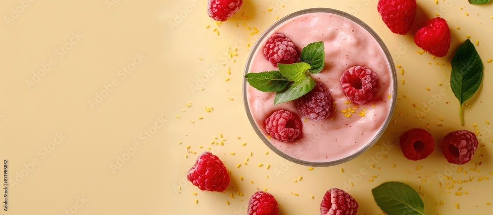 Aufkleber Close up image of a raspberry smoothie with summer fruits on a pastel yellow background for a healthy lifestyle concept with copy space.