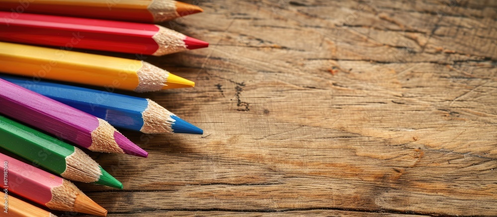Poster top view of color pencils arranged neatly on a wooden table with copy space image.
