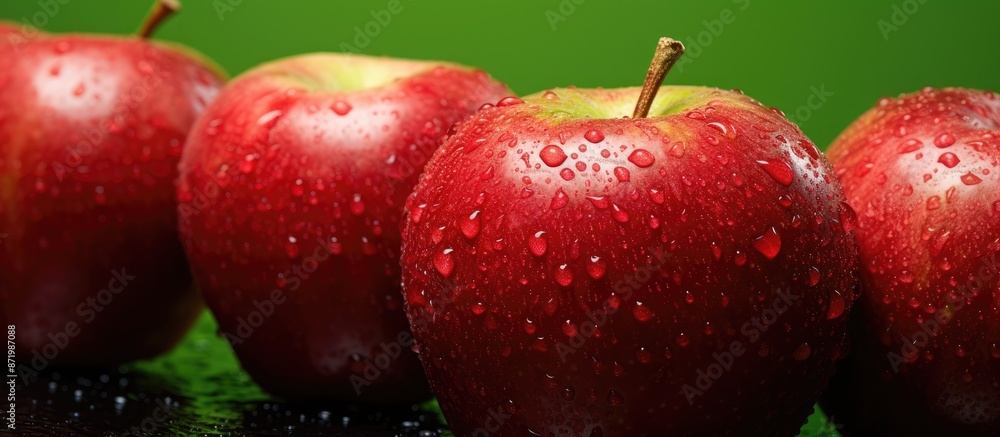 Aufkleber Macro image of ripe red apples with water drops on a green background, featuring a shallow depth of field providing a focus on the apples with copy space.