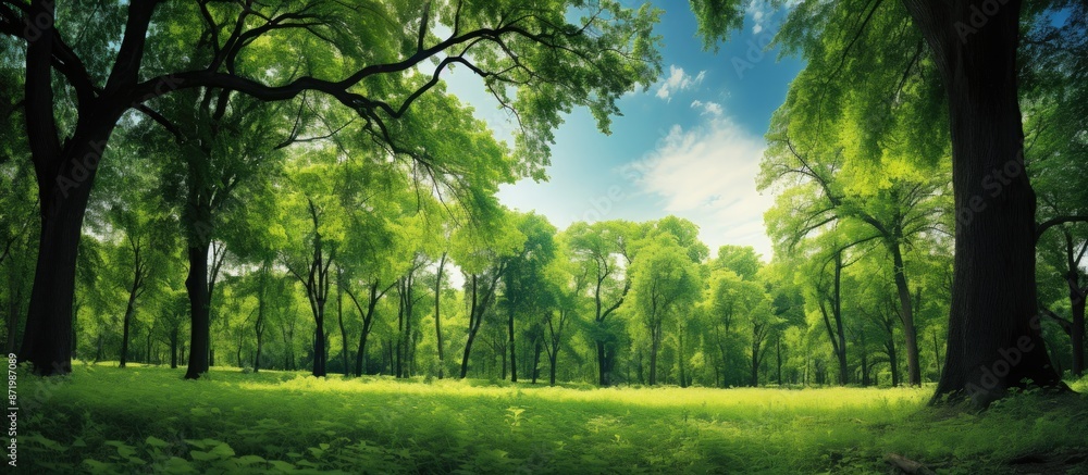 Aufkleber a verdant forest with lush green leaves against a backdrop of a clear blue sky, creating a vibrant s