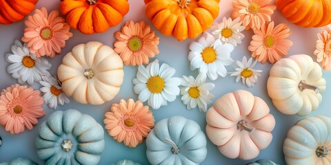 Fototapeta premium A vibrant mix of colorful pumpkins and daisies arranged on a soft background, creating a cheerful and festive autumn display.