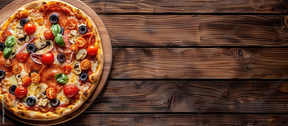 Poster wooden background with a delicious pizza on a board, perfect for placing your text near the copy spa