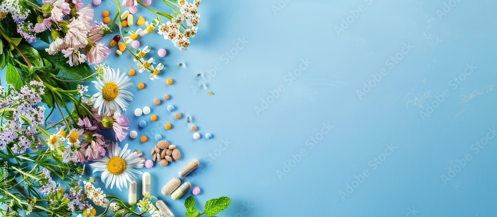 Poster various herbal remedies, pills, and medications displayed on a blue background with copy space image
