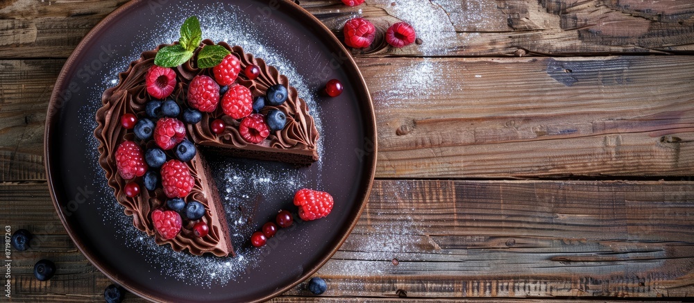 Poster an exquisite chocolate cake with chocolate cream and fresh berries displayed on a plate against a ru