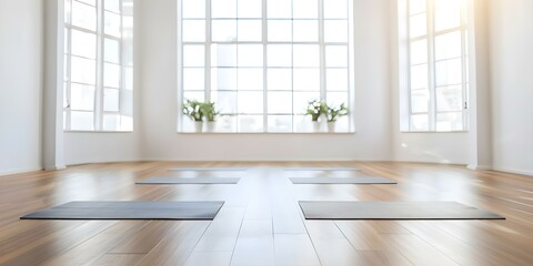 Tranquil yoga studio with wooden floors soft mats calming lights peaceful atmosphere. Concept Yoga, Tranquil, Studio, Wooden Floors, Peaceful Environment