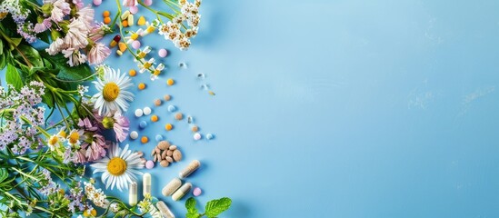 Various herbal remedies, pills, and medications displayed on a blue background with copy space image available for text or graphics.