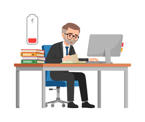 man employee tired, sit in desk working on office with computer, low battery energy