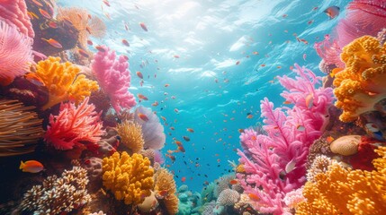 Naklejka premium Depict a thriving coral reef ecosystem supported by carbon offset programs and marine conservation efforts